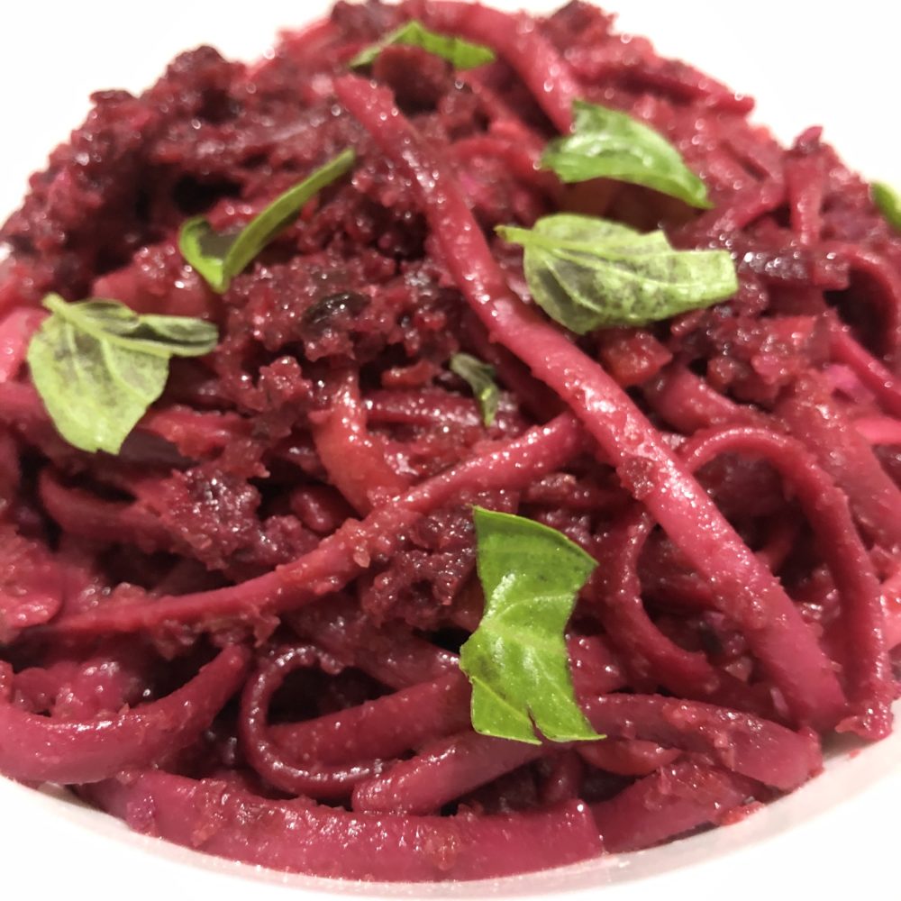 beet pesto pasta with basil